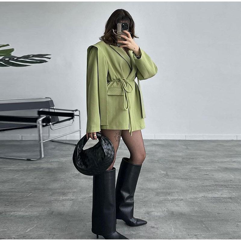 Модный полосатый пиджак с лацканами для женщин, элегантный свободный пиджак с поясом, женская весенняя универсальная шикарная уличная одежда