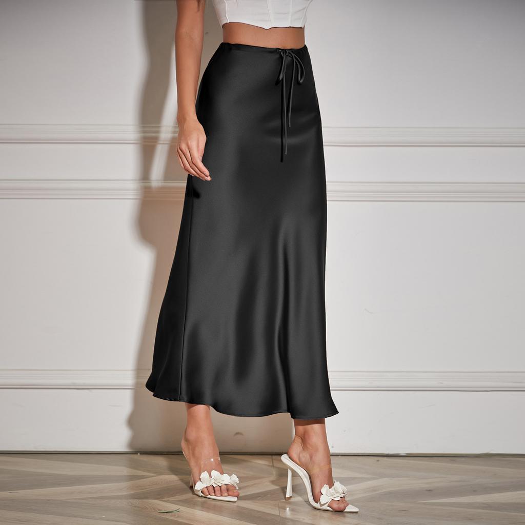 Satin High Waist Drawstring Tie Solid Color Halter Skirt