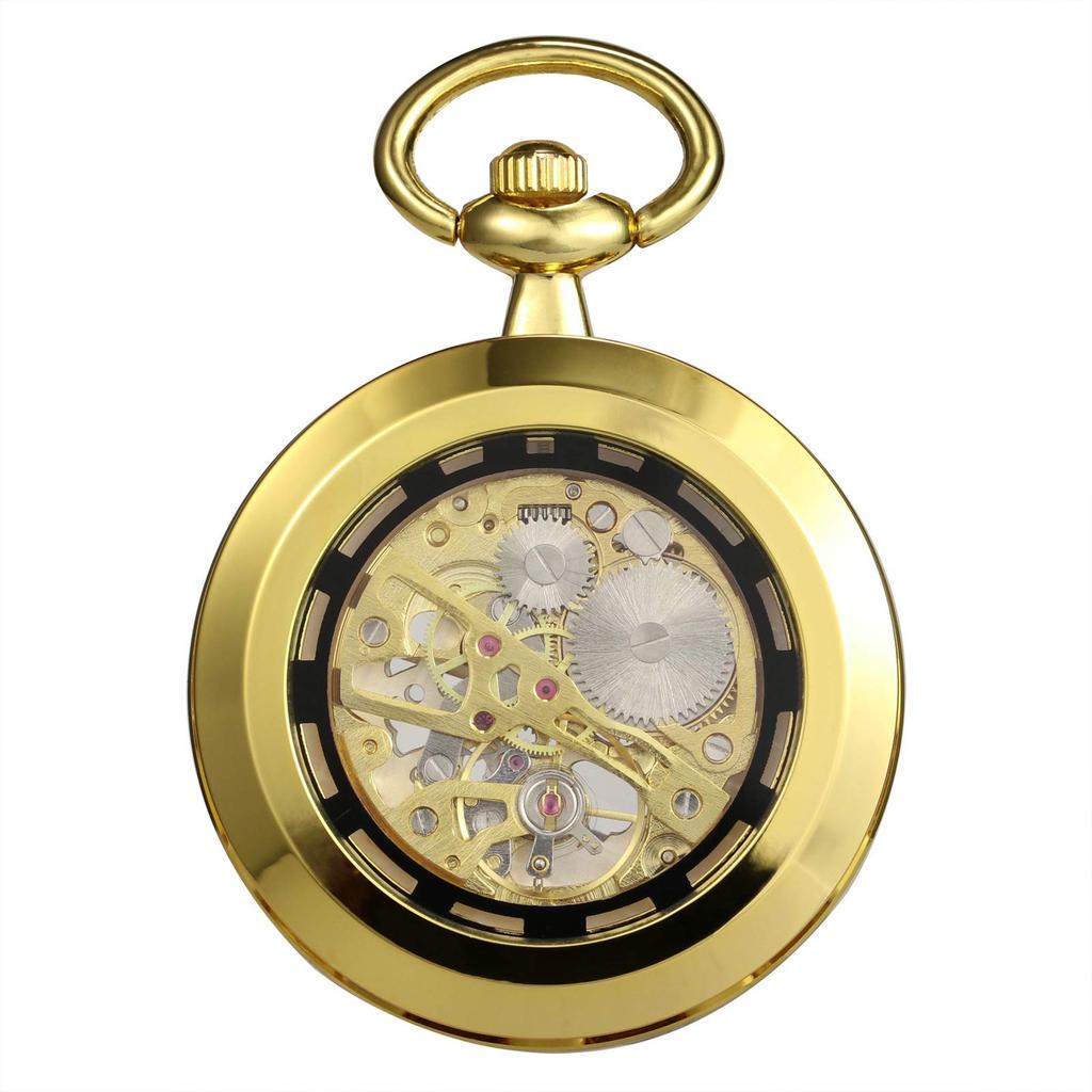 TREEWETO Antique Mechanical Skeleton Pocket Watch with Chain Hand-wound Men's (Gold)
