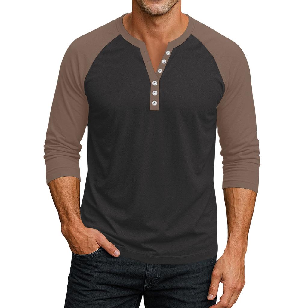 Men's Button-Down Contrast Raglan 3/4 Sleeve Top