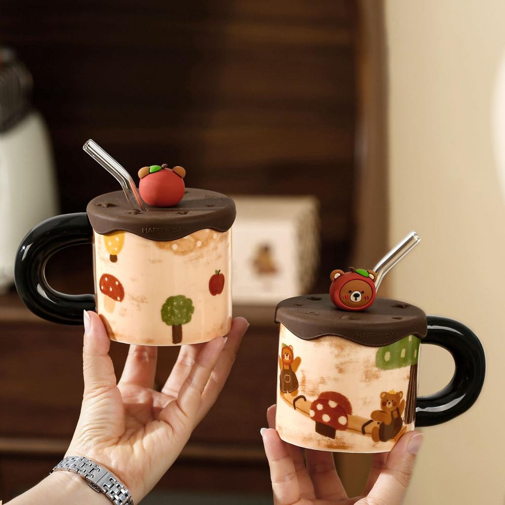 Cute Apple Bear Ceramic Cup with Silicone Lid Straw Water Cup High Precision Cute Mug Household Cup Gift