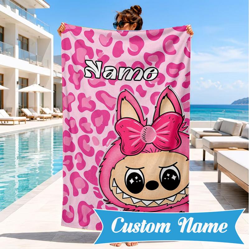 Custom Name Beach Towel Pink Labubu Cute Theme Microfiber Beach Towel, Lightweight for Summer Travel, Swimming Pool Fan Birthday Gift