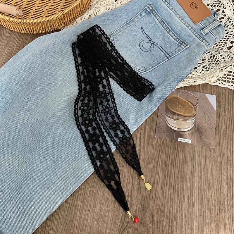 Lace Silk Scarf, Long Strip, High-end Bow, Small Pendant, Scarf, Headscarf, Headband, Decorative Scarf, Waist Belt Can Be Tied.