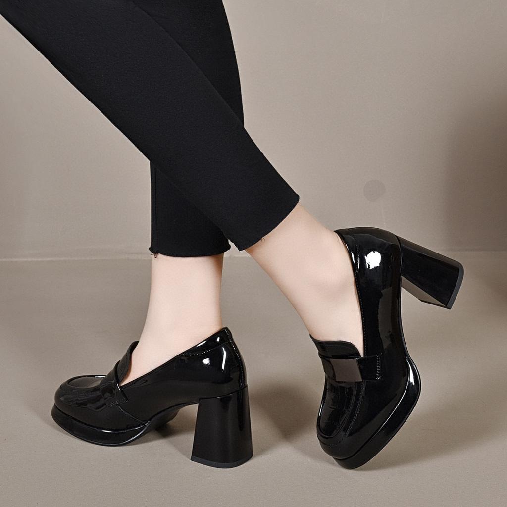 Женские туфли на высоком каблуке, новинка осени, водонепроницаемые туфли из лакированной коровьей кожи на толстом каблуке-таблетке, женские туфли-лодочки с глубоким вырезом, модная обувь с квадратной пряжкой, кожаная обувь