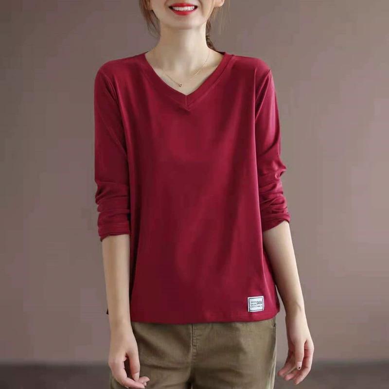 2025 Solid Color Long Sleeved T-shirt Women's Plus Size Women's Loose Base Shirt Top Trend