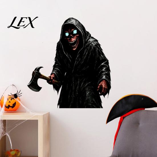 Indoor Outdoor Halloween Ornaments Reaper Wall Sticker, Scary Black Robed Demon with Ax Decal, Creative Holiday Decorative Gifts PVC Waterproof