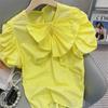 2022 Summer Korean Stytle Chic Stylish Slim Top Solid Blouse Women Casual Short Puff Sleeve Shirt Vintage Flouncing Bow Chemise