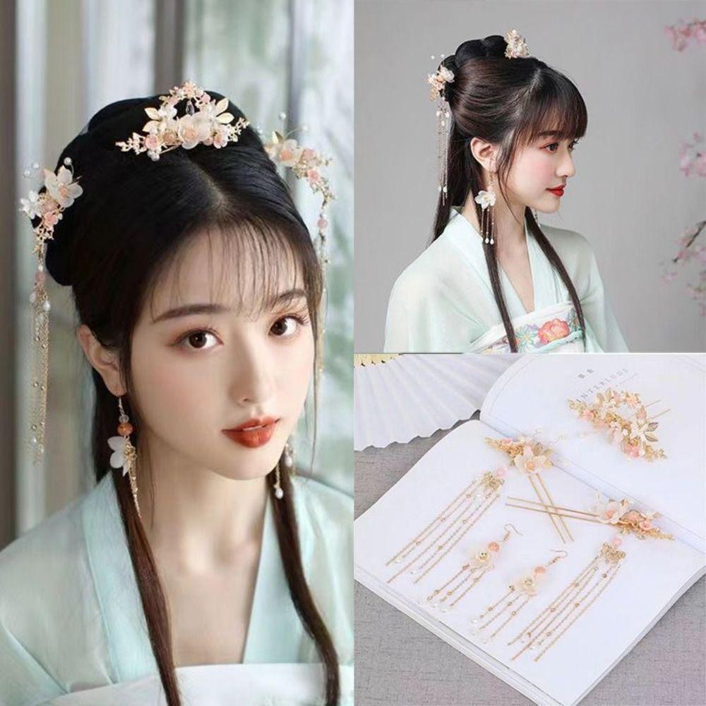 Flower Hanfu Hair Stick Tassel Chinese Style Hairpin Set Classical   Girl Hair Accessories