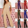 Women Short Sleeve V Neck High Waist Solid Color Jumpsuits Casual Wide Leg Belted Rompers