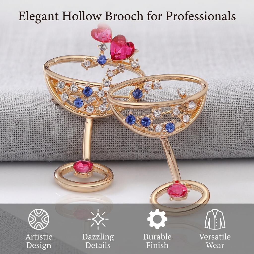Gold Multicolor Alloy Brooch Pin With Exquisite Hollow Design And Dazzling Glass Rhinestones For Daily Wear