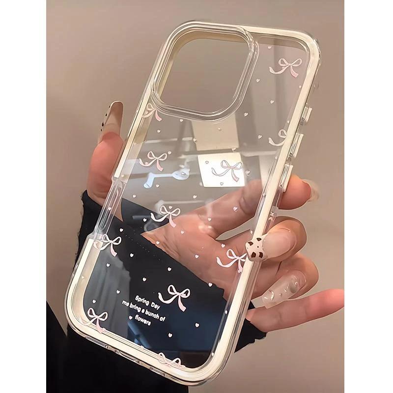 Розовый бантик-сердечко подходит для чехла мобильного телефона Apple iPhone17/16 14/15 цветная окантовка 12 для девочек 13 нишевый