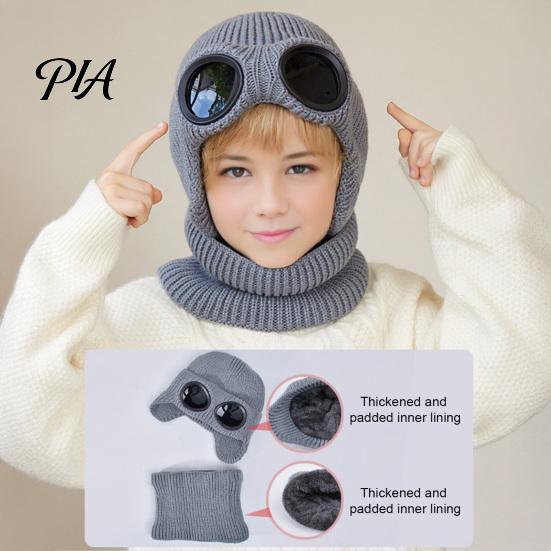 Playful Goggle Decor Hat for Kids 1 Set Knit Neck Warmer Kids, Winter Earflap with Goggles, Gift School Travel Fleece Lined Aviator Cap, Warm