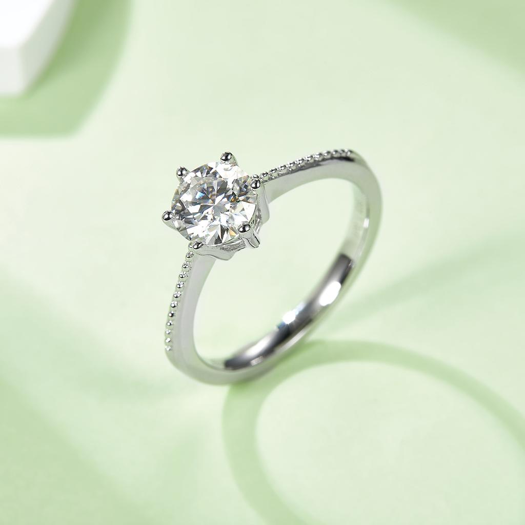 Luxury Engagement Straight Shank Beaded Edge Promise S925 Sterling Silver Rhodium Plated 1CT D Color Moissanite Ladies Ring