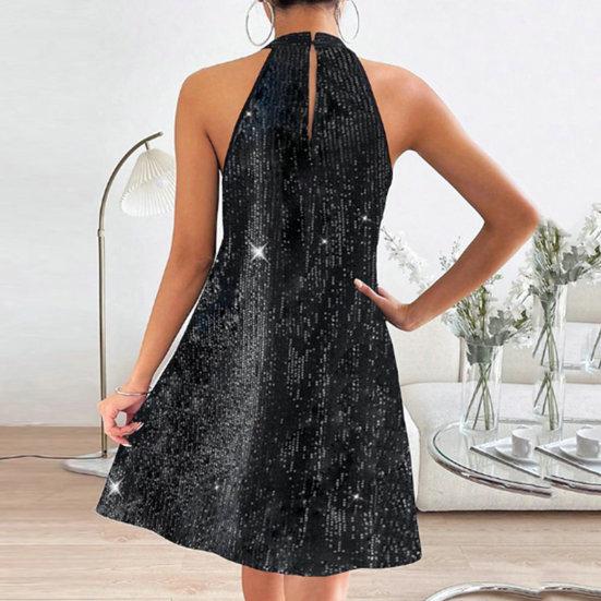 Женское платье с блестящими блестками с открытыми плечами без рукавов с перекрестной лямкой на шее, свободное трапециевидное платье со свободным подолом, однотонное мини-платье для выпускного вечера, вечернее платье