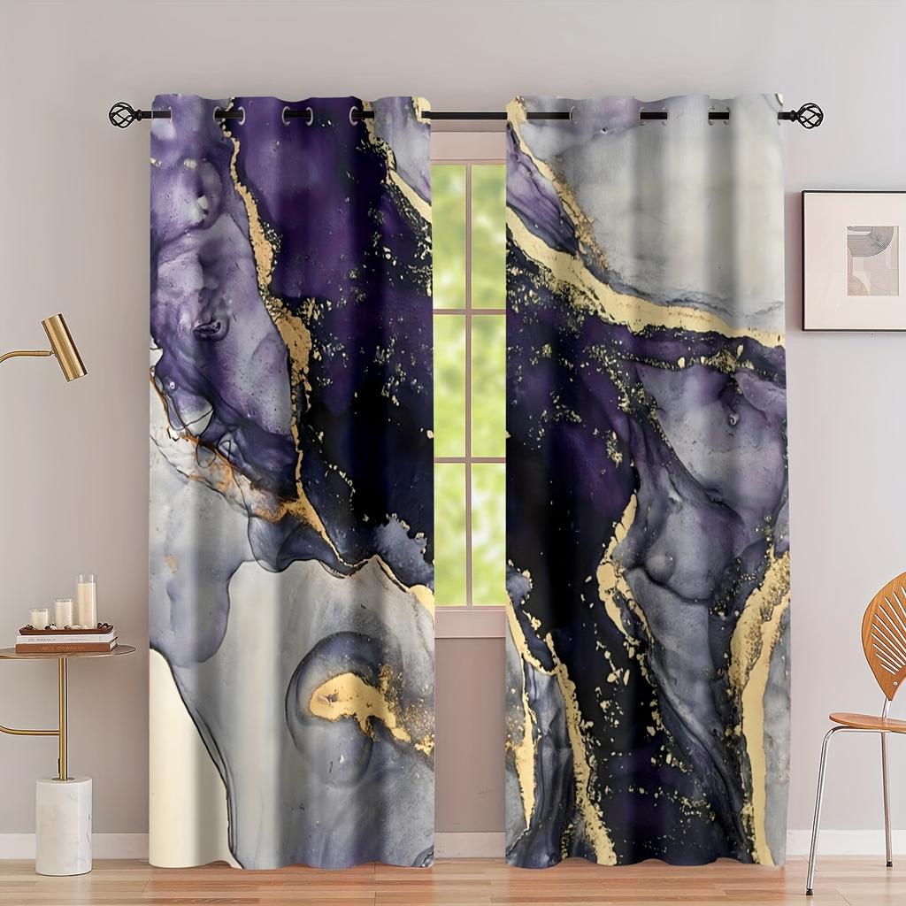 2panels Nordic Golden Leaf Marble Digital Printing Curtain Grommet Top Curtain Living Room Bedroom Kitchen Office Home Decor