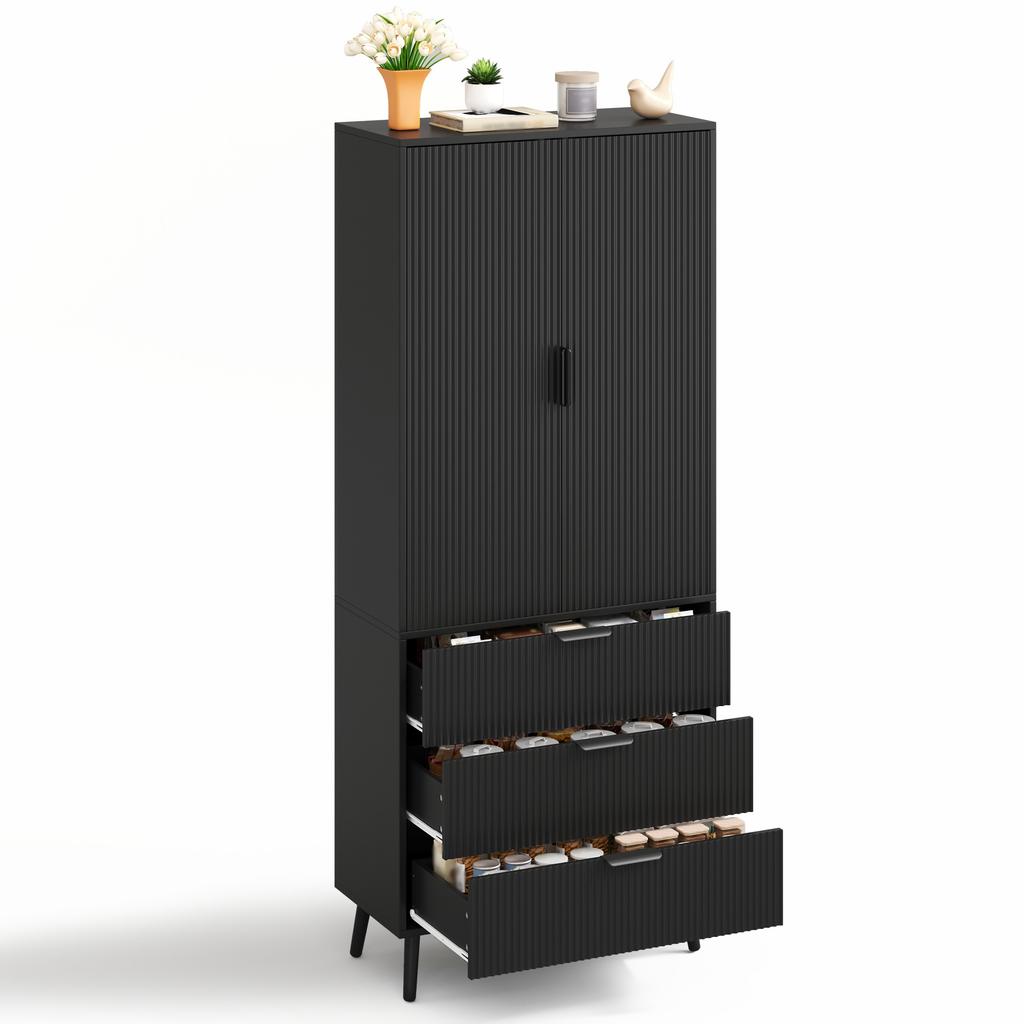Kitchen Cabinet, with 2 Doors and 3 Spacious Drawers, with Door Shelves, for Kitchen, Living Room and Dining Room, 75 × 35× 180 cm