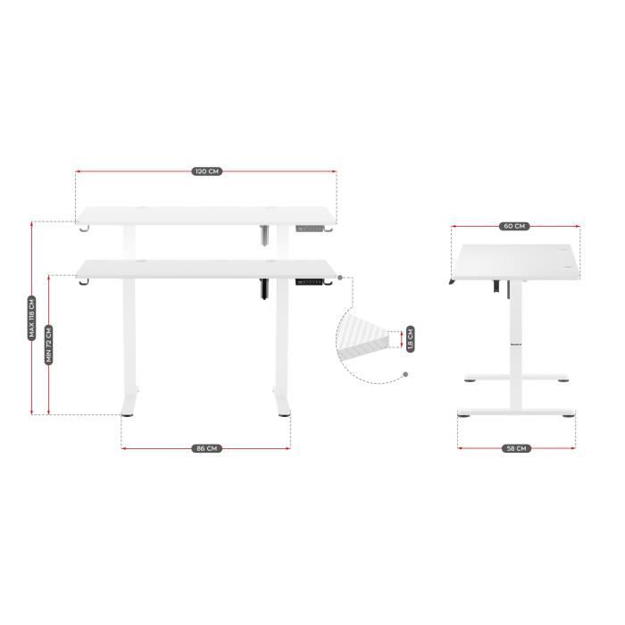 Bureau Assis Debout - HUZARO - HERO 8.2 - Blanc - Ergonomique - MDF Carbone 18mm