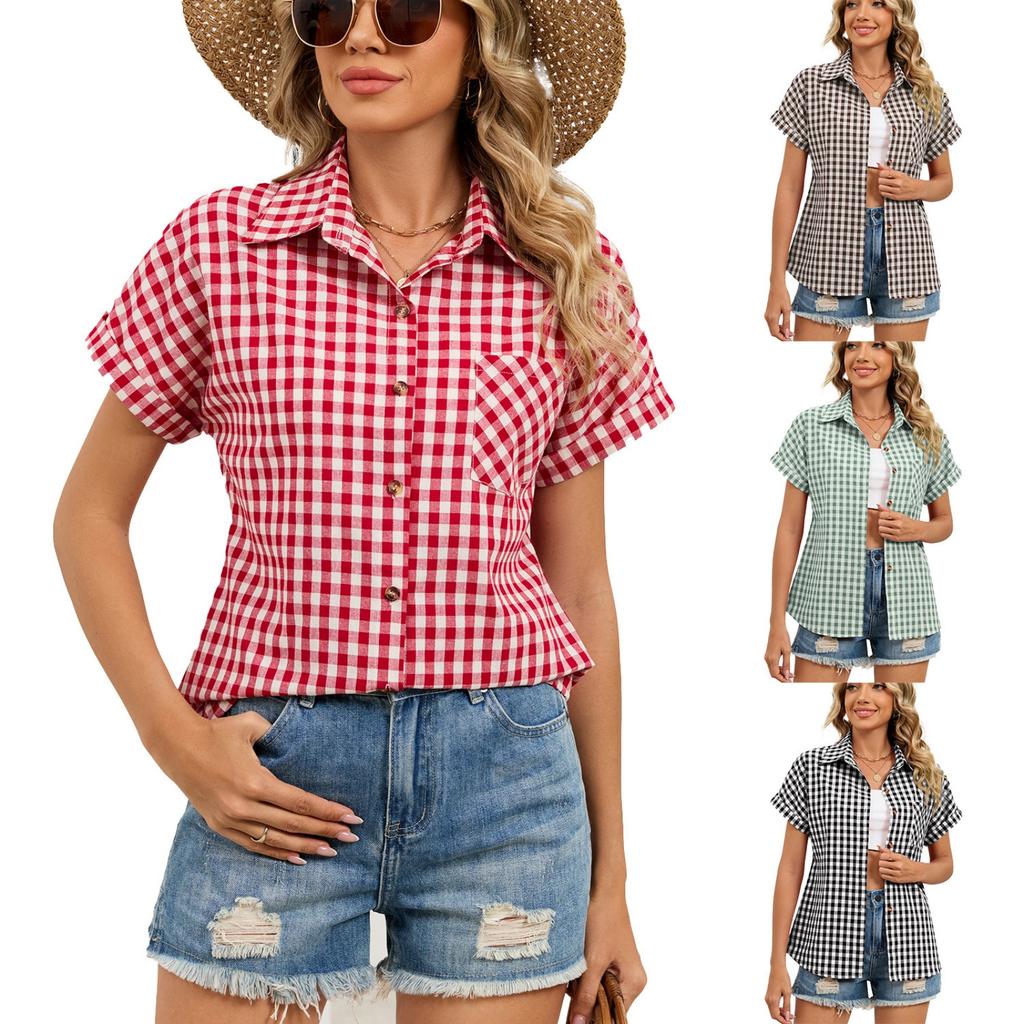 Fashionable Women's Plaid Pocket Collared Short-sleeved Shirt, Women's Button-down Shirt