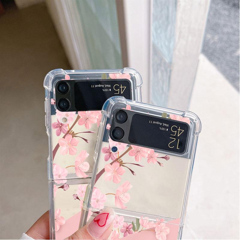 Чехол для Samsung Galaxy Z Flip 3 5G Funda Z Flip 4 Clear PC Hard Противоударный чехол для телефона с цветочным принтом и буквами розового цвета