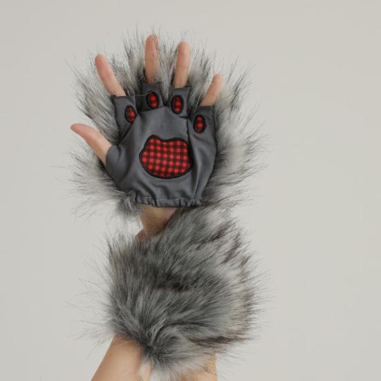Wolf Paw Gloves Fingerless Warm Fuzzy Gloves Animal Cosplay Hand Paws Faux Fur Gloves for Halloween Christmas Dress-Up Party Costume