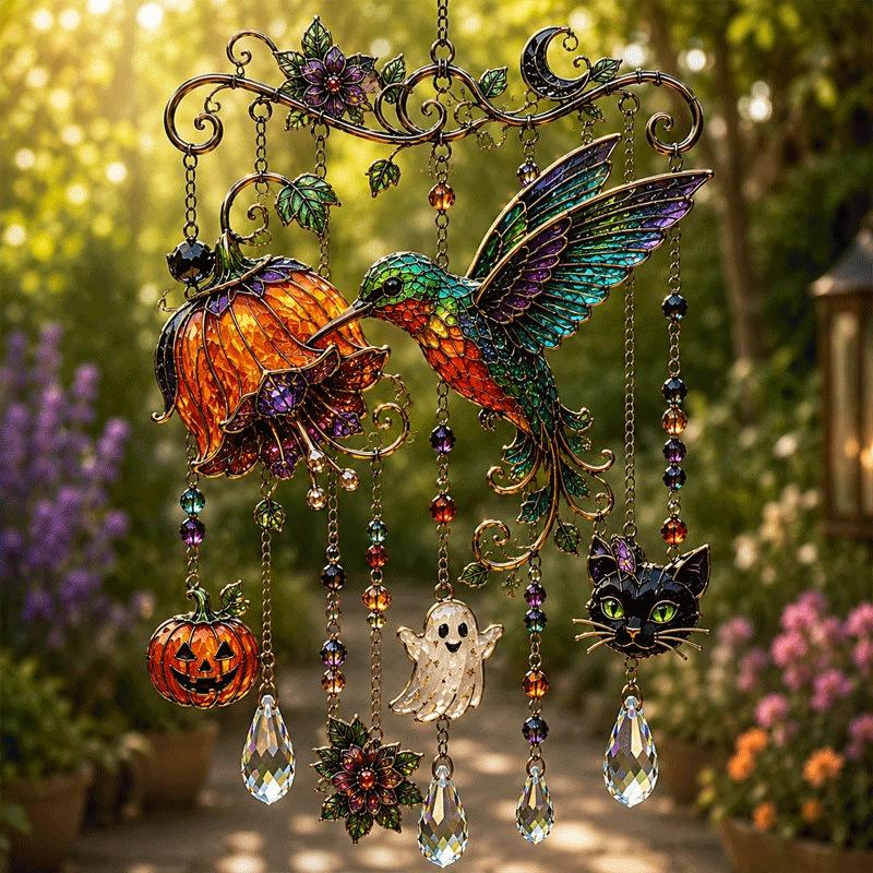 Halloween Suncatcher Wind Chime Hanging Ornament Window Garden Party Decor Spooky Ghost Pumpkin Bat Skull Witch Hat Black Cat Moon