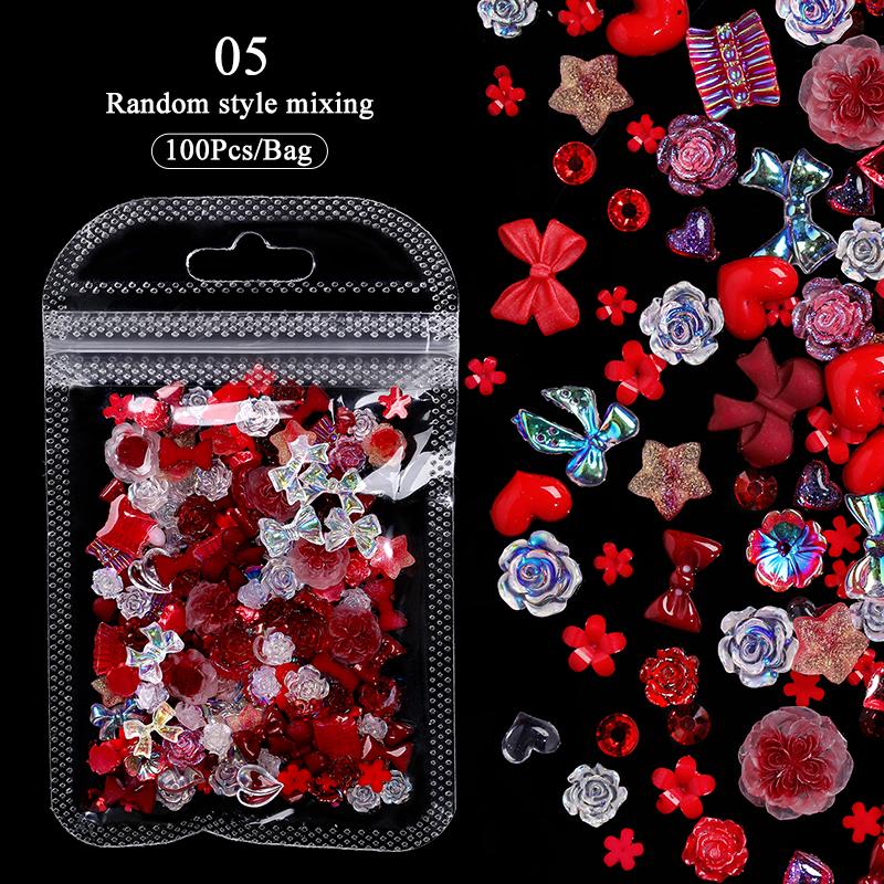 100Pcs Aurorals Nail Art Decoration Shell Pearl 3D Nail Charms Mixed Style Colorful Resin Butterfly Bowknot Manicure Nail Supply