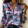 Women Satin Camouflage Print Shirt Long Sleeve Lapel Button-Down Blouse Stylish Office Casual Ladies Multi-Color Top