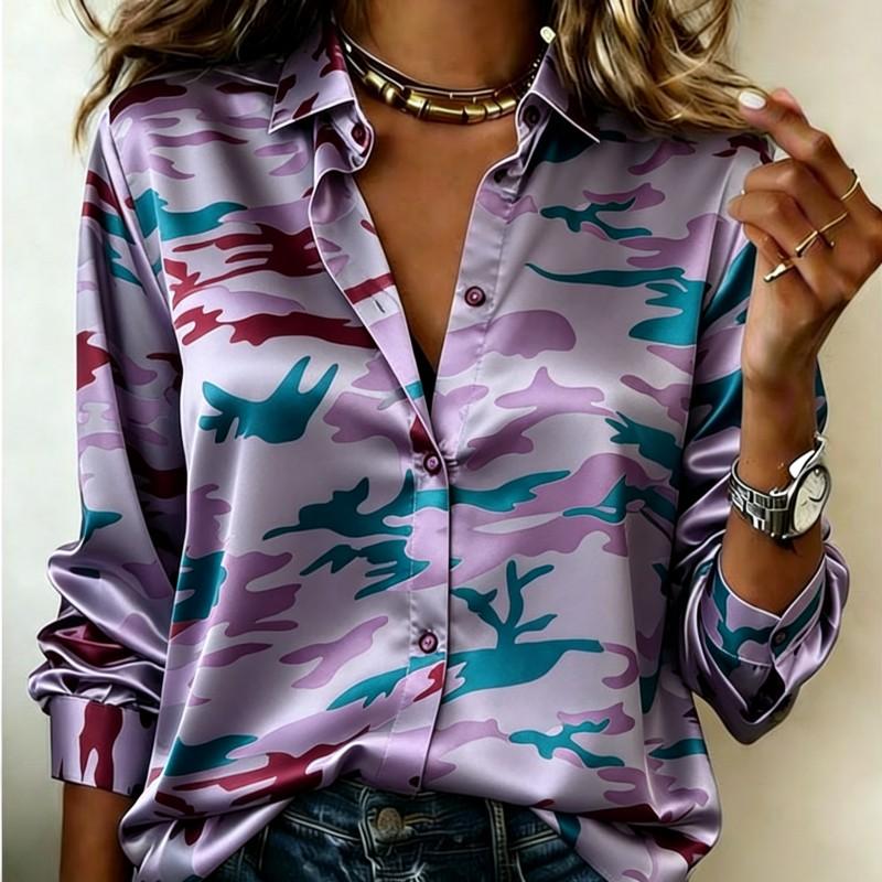 Women Satin Camouflage Print Shirt Long Sleeve Lapel Button-Down Blouse Stylish Office Casual Ladies Multi-Color Top