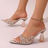 Fashion Elegant Pointed Toe High Heels Slippers Women Summer Fashion Clear Crystal Heel Sandals Woman Shiny Sequins Banquet Party Shoes