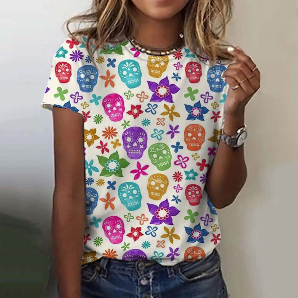 Summer Round Neck 3D Colorful Skull Pattern Print Top Fashionable Casual Short Sleeved Women's T-shirts