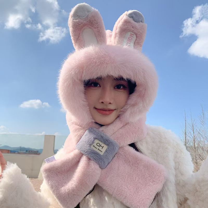 Bunny Ears Hat and Scarf All In One Hat for Women Winter Plush New Style Scarf Furry Two Piece Suit