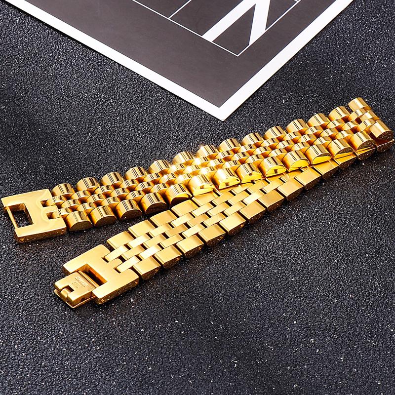 15 мм шириной 7/8/9 дюймов длиной браслет в стиле цепочки для часов для мужчин золотой цвет нержавеющая сталь мужской браслет ювелирные изделия для мальчиков аксессуары