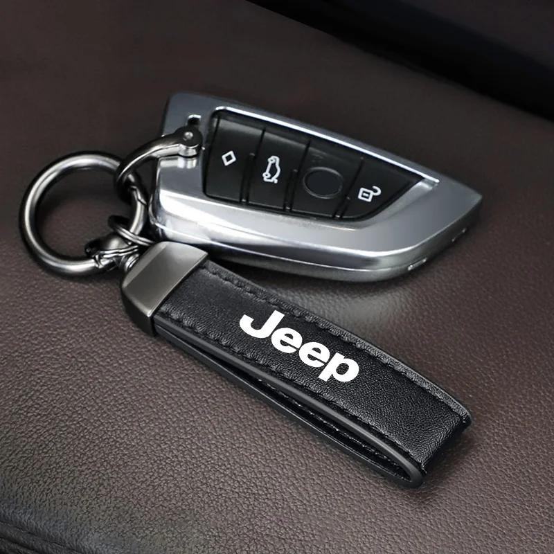 For Jeep Car Key Ring Cowhide Leather Keychain Waist Pendant Carabiner For Jeep Grand Cherokee Wrangler JK Gladiator Compass
