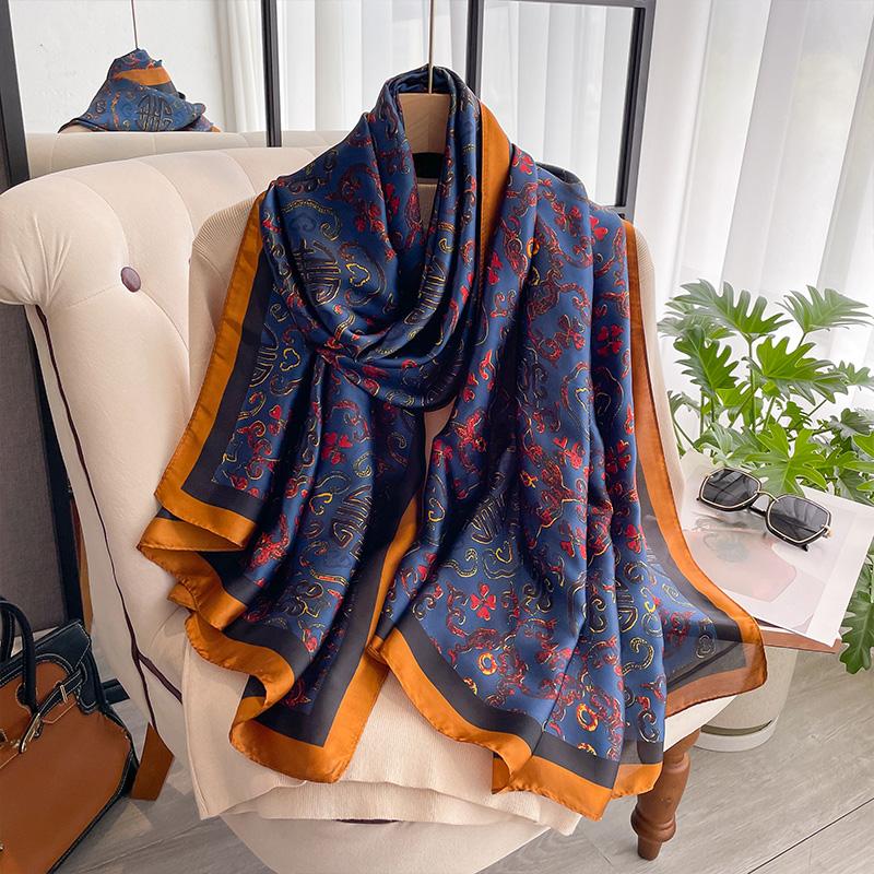 Women Popular 180X90CM Print Silk Scarves Satin Shawls Female Letter Beach Lady Towel Fashion Long Bandanna Foulard Wrap Muffler