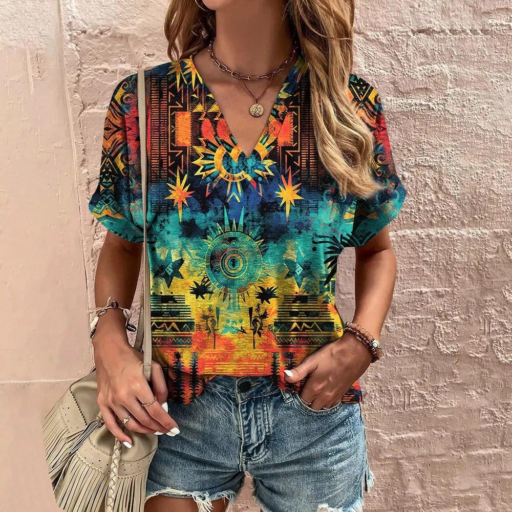Женская футболка с v-образным вырезом, топы с 3d принтом тай-дай, футболки 5XL, летняя модная женская одежда, повседневный уличный женский пуловер большого размера