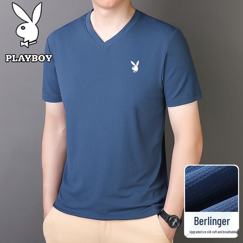 PLAYBOY Мужская футболка с коротким рукавом и V-образным вырезом из ледяного шелка