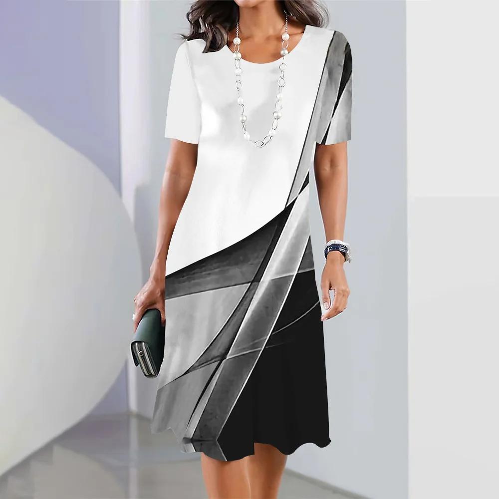 Летняя женская одежда Платья Ретро юбки А-силуэта 3D цветное блокирующее платье Вечеринка Элегантное платье с короткими рукавами Пуловер свободного покроя