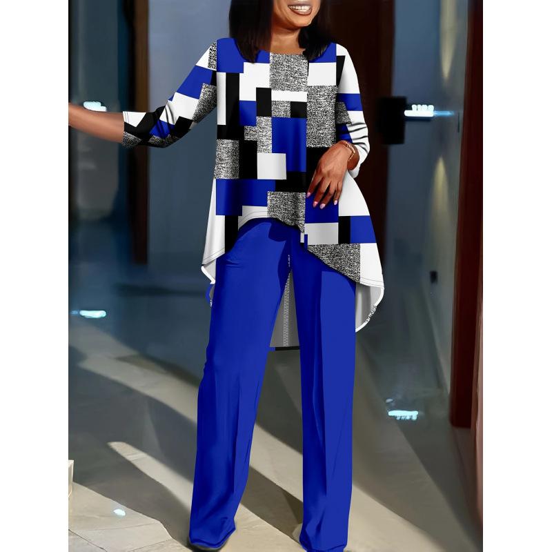 1116 Floral Print Suit Women's Long Sleeve Irregular Hoop Wide Leg Pants Casual Summer Large Size