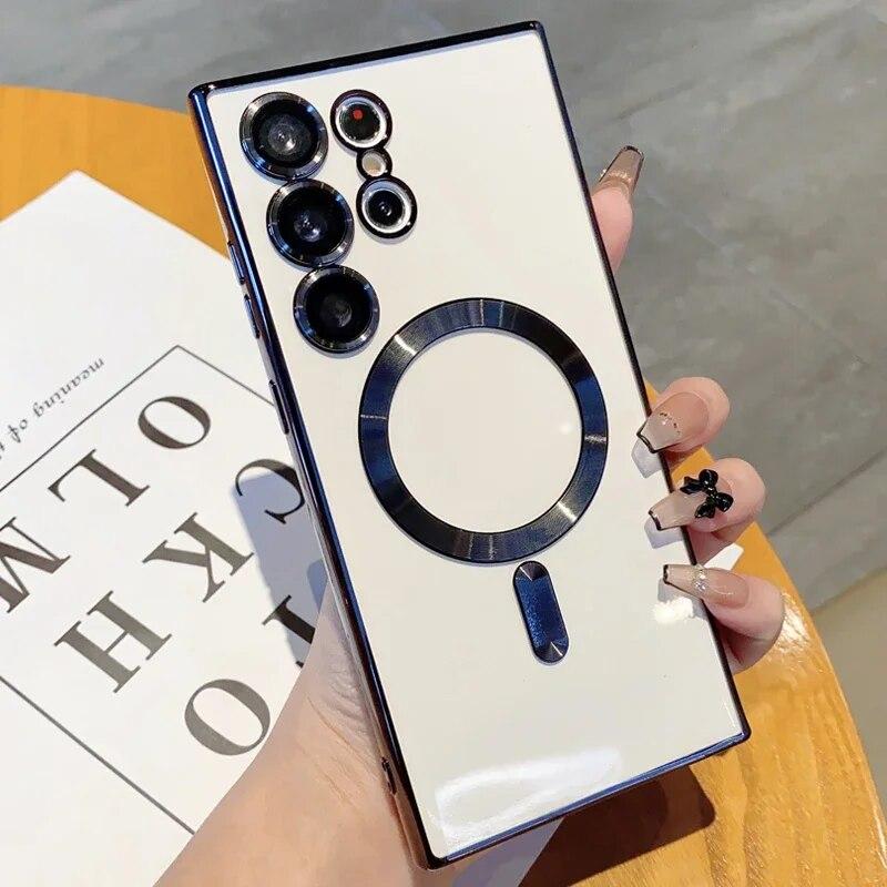 Luxury Plating Transparent For Magsafe Case For Samsung Galaxy S22 S23 Ultra Plus Wireless Charging Silicone Shockproof Cover