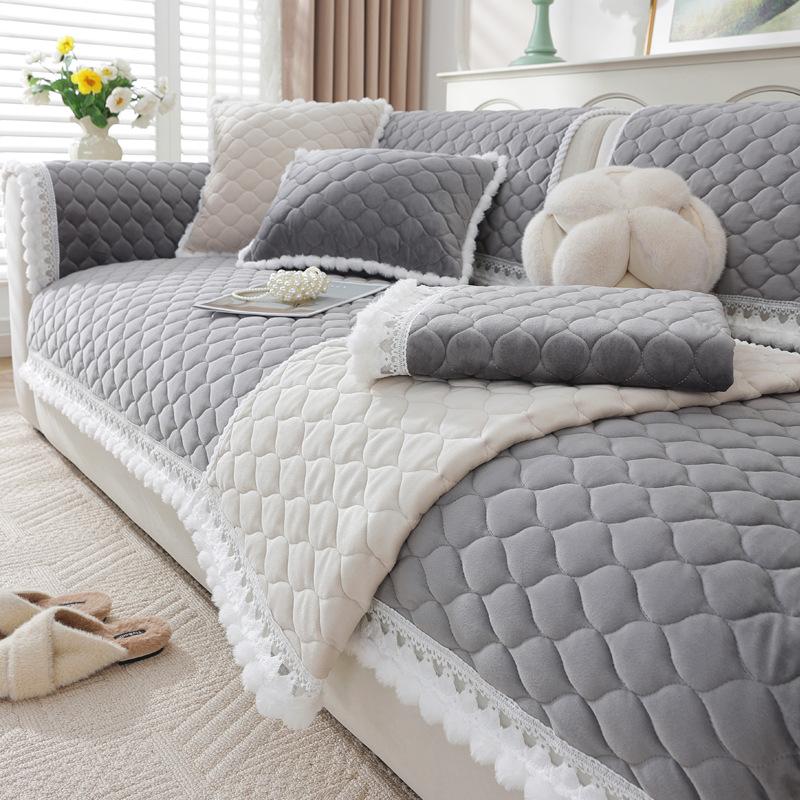 Cream Wind Crystal Fleece Sofa Cushion Winter New Thickened Plush Seat Cushion Living Room Non-Slip Sofa Cover