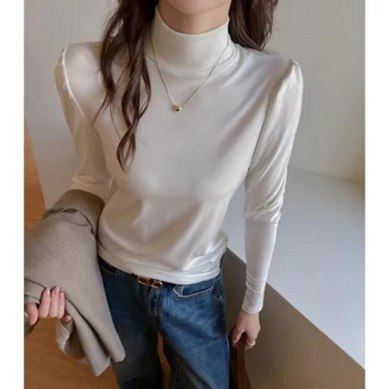 Women Puff Sleeve Stand Collar Slim Fit Long Sleeve Casual Base T Shirt