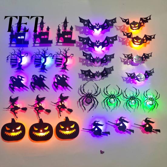Spooky Party Wall Decals 30Pcs Halloween Decor with LED Light, Glowing Bat Ghost itch Layout Props Spider Silhouette Decoration, Light-Up Window