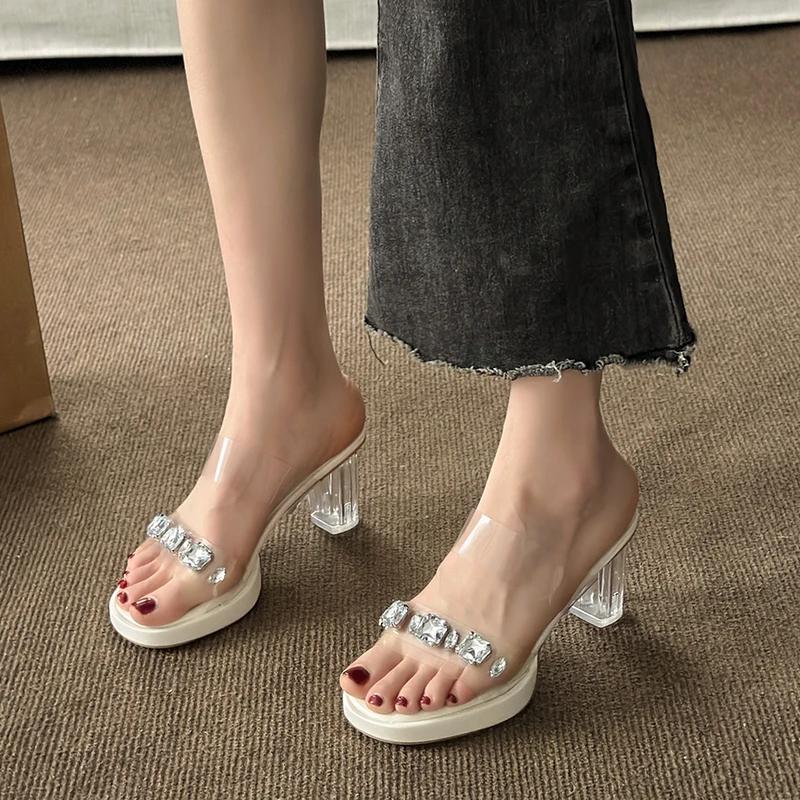 Сандалии на высоком каблуке, женские, лето 2024, новая верхняя одежда, прозрачные, со стразами, на платформе, сказочные, сексуальные, с кристаллами, на толстом каблуке