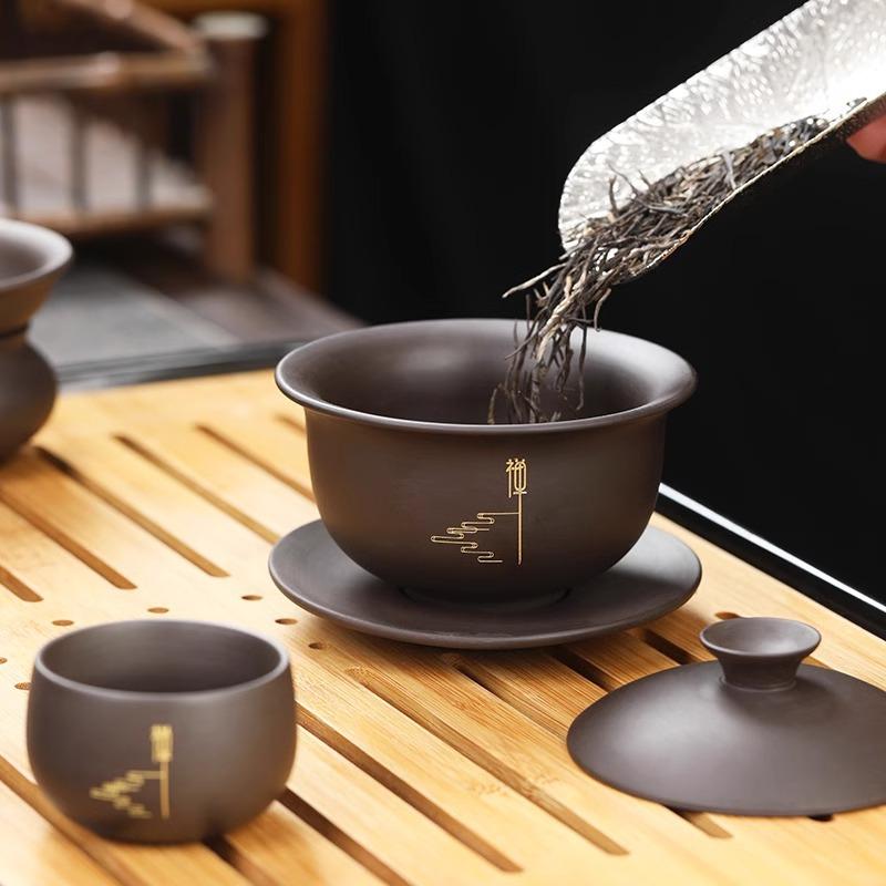 Raw ore purple sand Kung Fu tea set, hand-painted gold household complete set, tea maker, office guest teapot, tea cup set