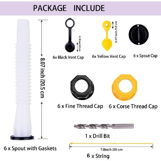 6 Pack Gas Can Spout Replacement Old Style with Pour Nozzle Vent Cap Drill Bit Gaskets Screw Cap Universal fit Most of Fuel Water Container 1 2 5 10