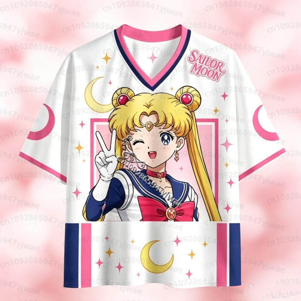 26 Sailor Moon Anime Mesh Jersey T-Shirt Tsukino Usagi Print V Neck Short Sleeve Tee Women Men Harajuku Streetwear Men T-Shirt