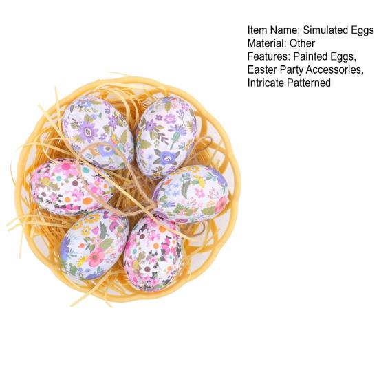 6 шт. имитация пасхальных яиц, расписные яйца с подвесным украшением на веревке, искусственные пасхальные украшения для яиц с корзиной для весенних праздников, аксессуары для вечеринок