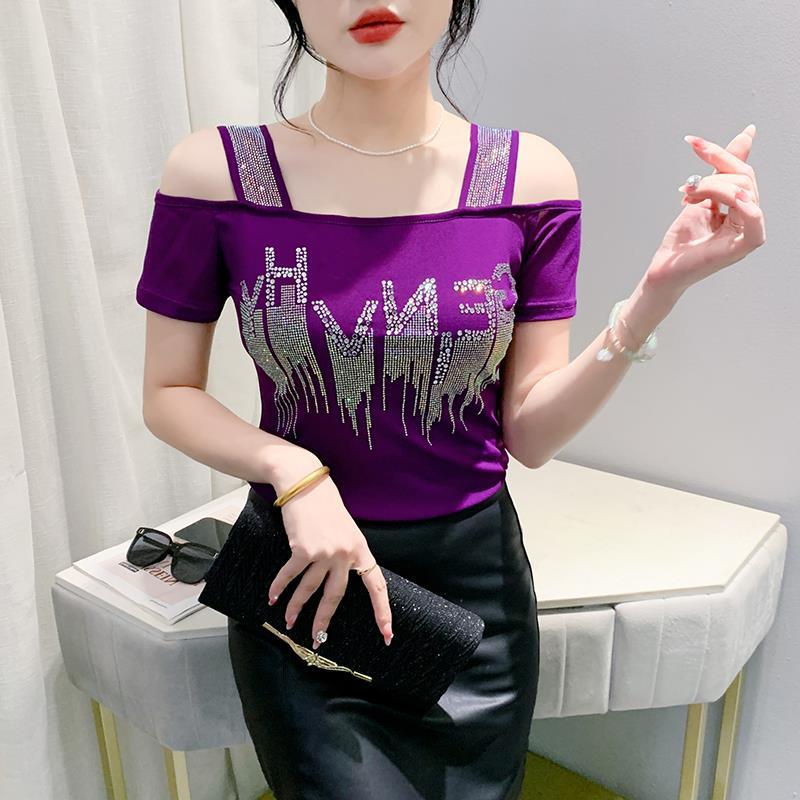 Лето 2024 Блузка с открытыми плечами и открытой спиной из двойного слоя ледяного шелка со стразами