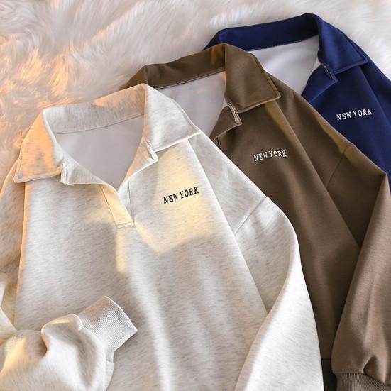 Women Autumn Spring Sweatshirt Turn-down Collar Loose Long Sleeves Pure Color Thin Elastic Cuffs And Hem Sport Style School Casual Top