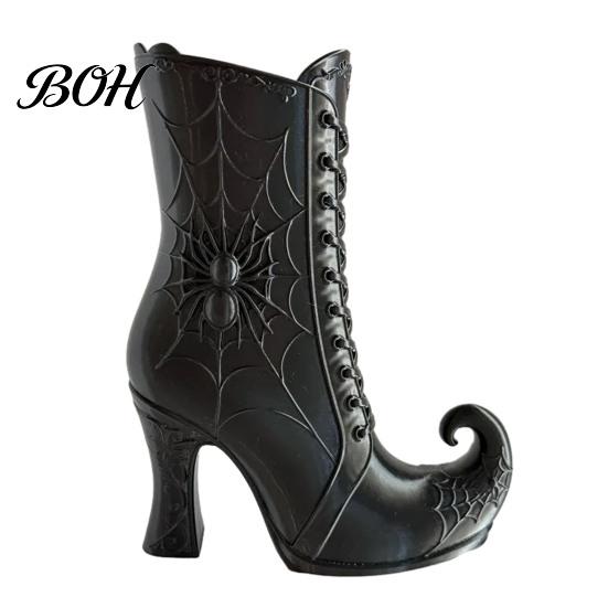 Decorative Mantel Ornament Gothic Witch Boot Vase, Halloween Table Centerpiece Black Spider Web Rose Container High Heel, Flower Holder for